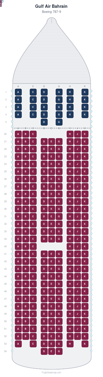 Gulf Air Bahrain Boeing 787-9 seat map layout for flight GF2 from LHR to BAH