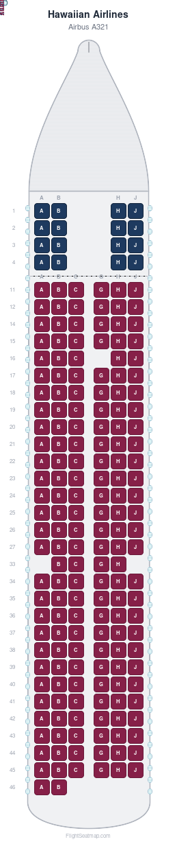 Hawaiian Airlines Airbus A321 seat map layout showing 2-class configuration with 189 seats