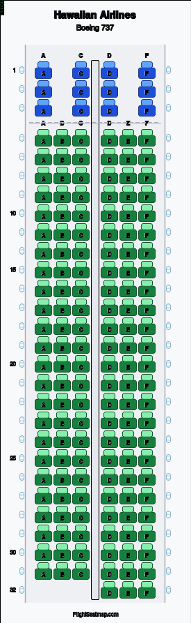 Hawaiian Airlines Boeing 737 seat map layout for flight HA7843 from SEA to KOA
