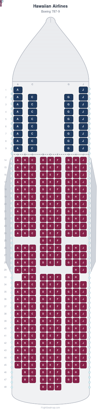 Hawaiian Airlines Boeing 787-9 seat map layout for flight HA1 from LAX to HNL