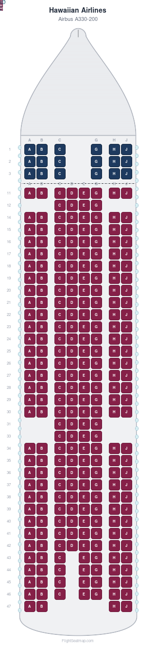 Hawaiian Airlines Airbus A330-200 seat map layout for flight HA9 from LAX to HNL