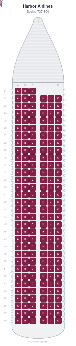 Harbor Airlines Boeing 737-800 seat map layout showing 1-class configuration with 189 seats