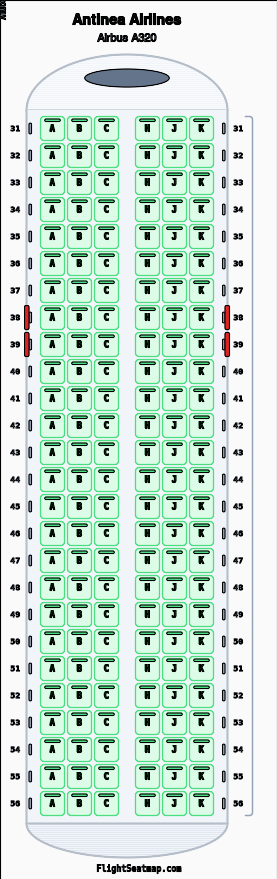 Antinea Airlines Airbus A320 seat map layout showing 1-class configuration with 156 seats