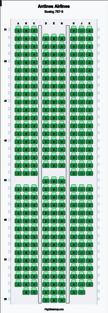 Antinea Airlines Boeing 787-9 seat map layout showing 1-class configuration with 295 seats