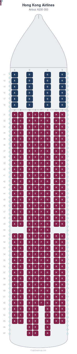 Hong Kong Airlines Airbus A330-300 seat map layout for flight HX80 from HKG to YVR