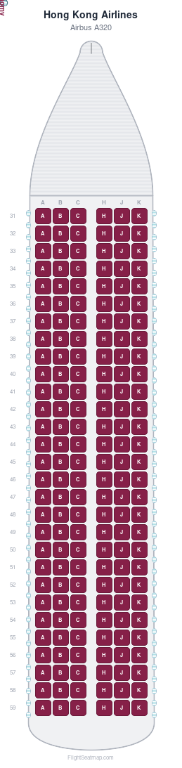 Hong Kong Airlines Airbus A320 seat map layout showing 1-class configuration with 174 seats