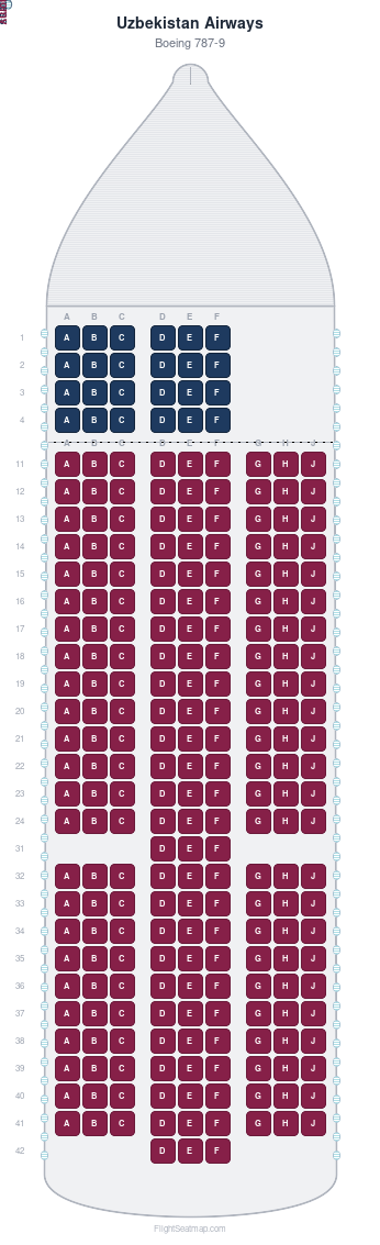 Uzbekistan Airways Boeing 787-9 seat map layout for flight HY504 from HGH to TAS