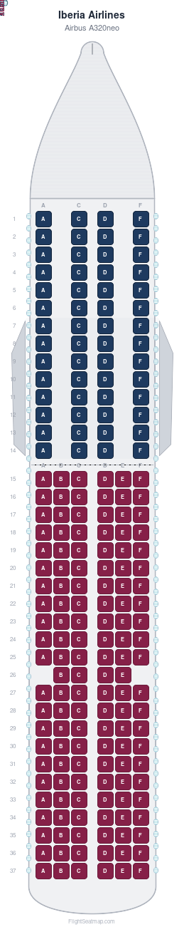 Iberia Airlines Airbus A320neo seat map layout showing 2-class configuration with 192 seats