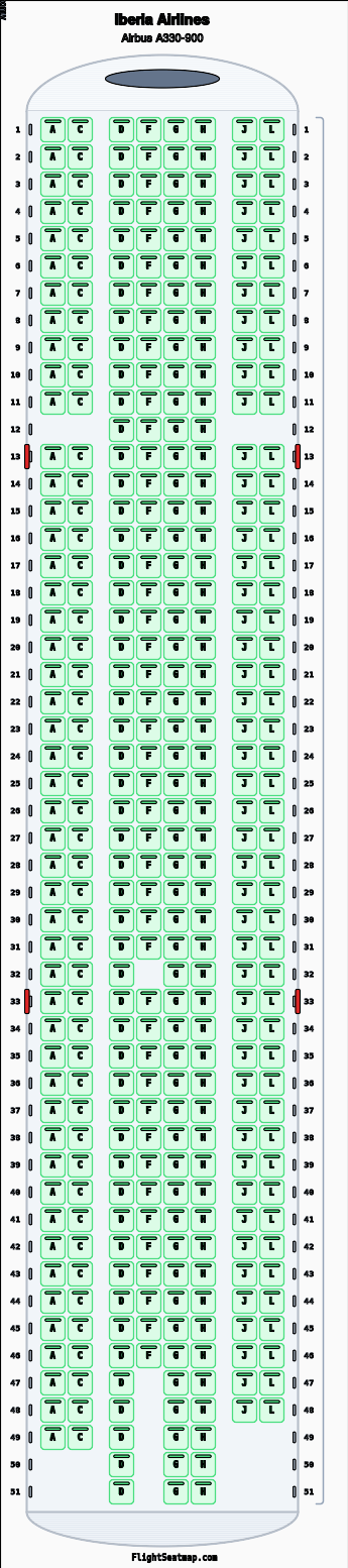 Iberia Airlines Airbus A330-900 seat map layout showing 1-class configuration with 388 seats