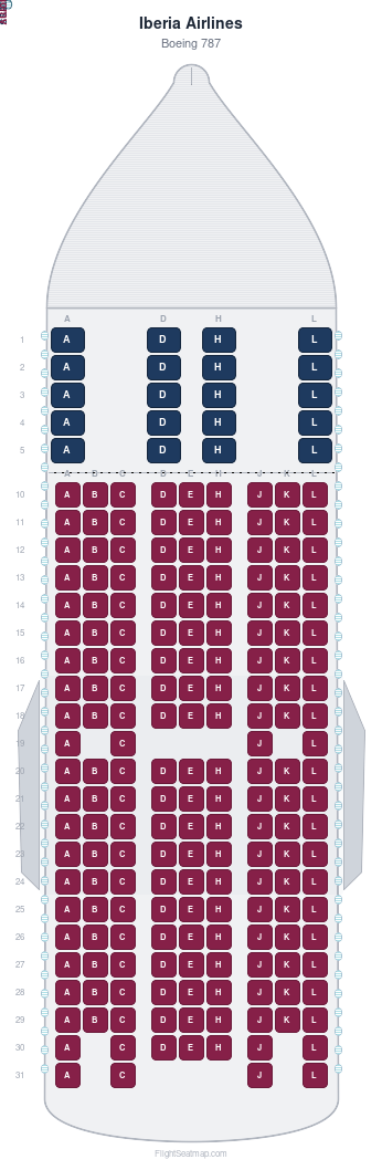 Iberia Airlines Boeing 787 seat map layout for flight IB4679 from PHL to CDG