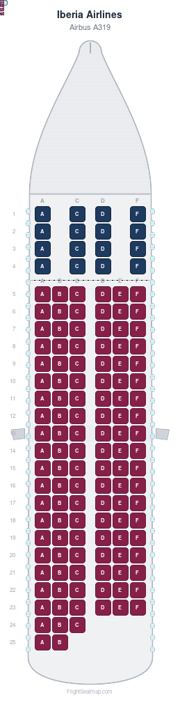 Iberia Airlines Airbus A319 seat map layout showing 2-class configuration with 135 seats