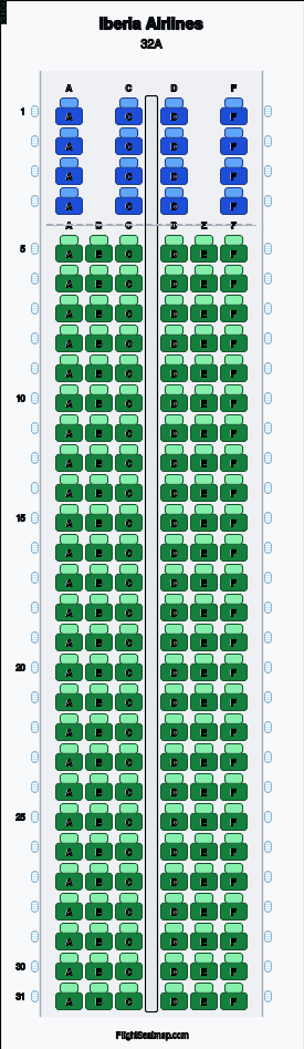 Iberia Airlines 32A seat map layout for flight IB1602 from LPA to MAD