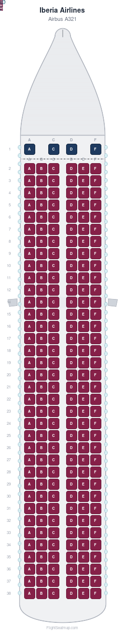 Iberia Airlines Airbus A321 seat map layout showing 2-class configuration with 220 seats