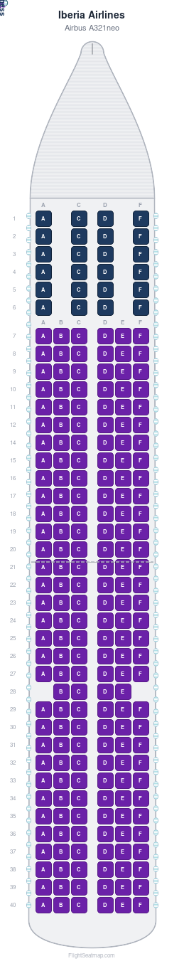 Iberia Airlines Airbus A321neo seat map layout for flight IB1874 from TLV to MAD