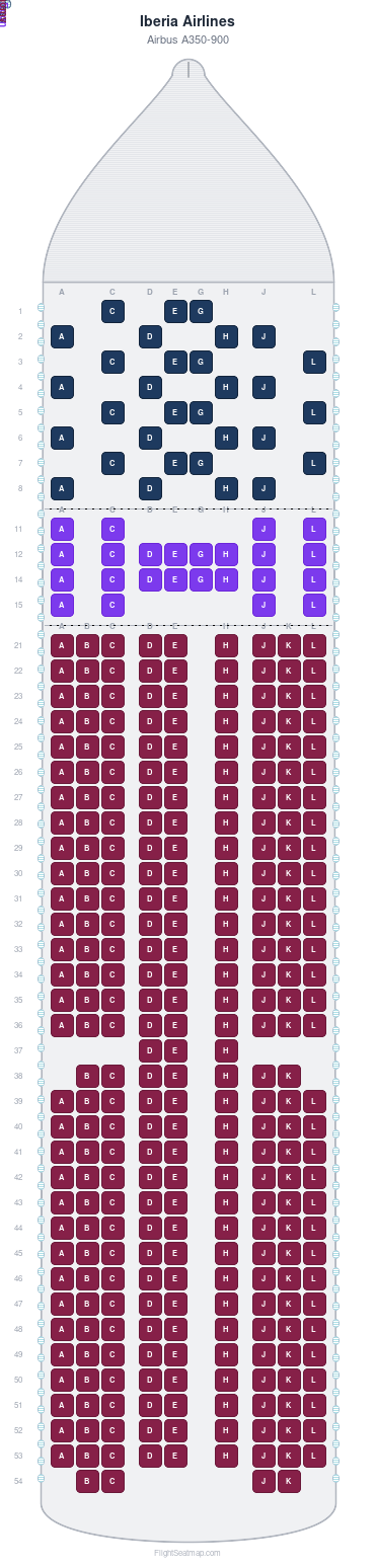 Iberia Airlines Airbus A350-900 seat map layout for flight IB137 from MAD to UIO