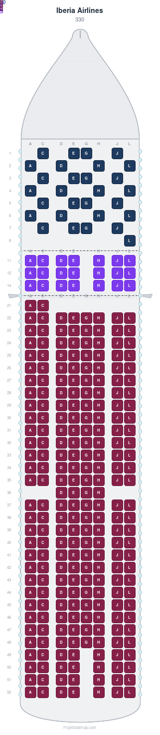 Iberia Airlines 330 seat map layout showing 3-class configuration with 292 seats