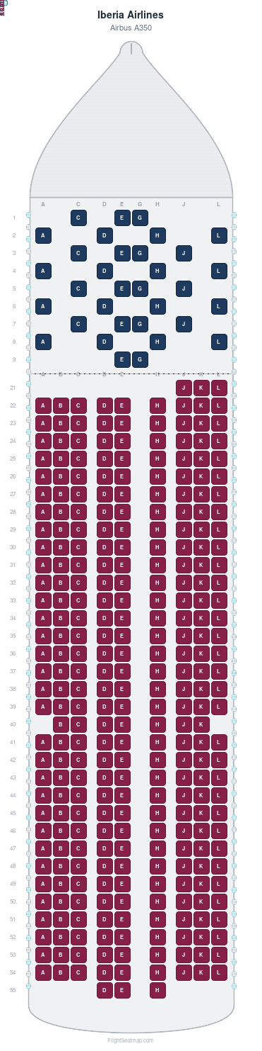 Iberia Airlines Airbus A350 seat map layout for flight IB123 from MAD to LIM