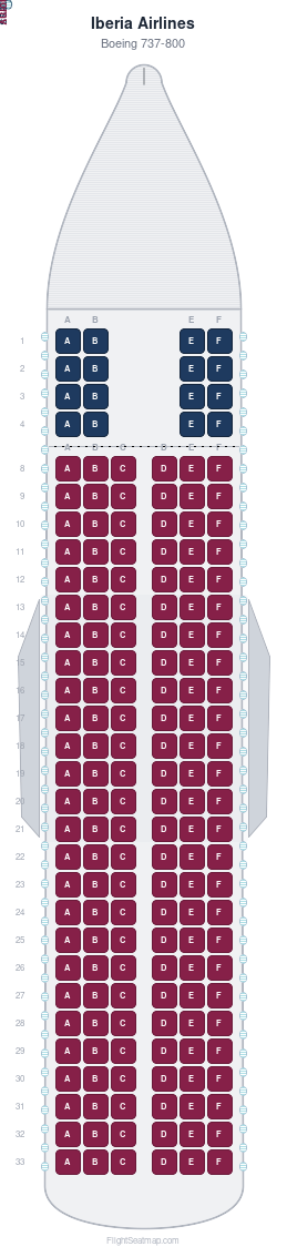 Iberia Airlines Boeing 737-800 seat map layout showing 2-class configuration with 172 seats