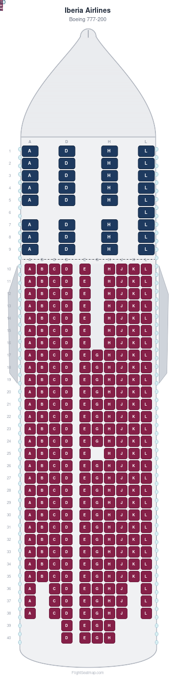 Iberia Airlines Boeing 777-200 seat map layout showing 2-class configuration with 317 seats