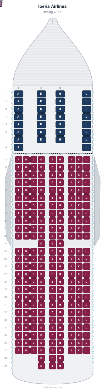 Iberia Airlines Boeing 787-9 seat map layout showing 2-class configuration with 264 seats