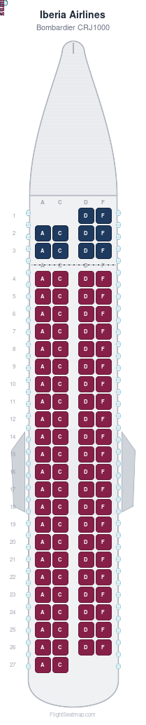 Iberia Airlines Bombardier CRJ1000 seat map layout for flight IB1003 from MAD to AGP