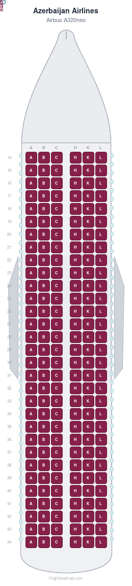 Azerbaijan Airlines Airbus A320neo seat map layout showing 1-class configuration with 186 seats