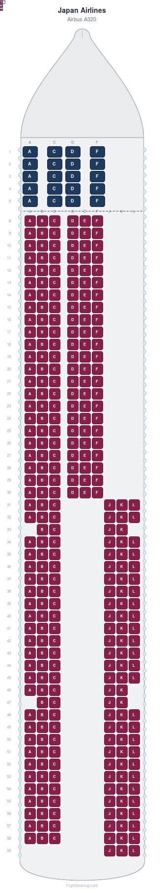 Japan Airlines Airbus A320 seat map layout showing 2-class configuration with 324 seats