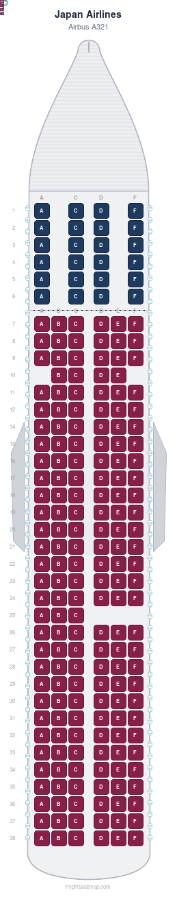 Japan Airlines Airbus A321 seat map layout showing 2-class configuration with 205 seats