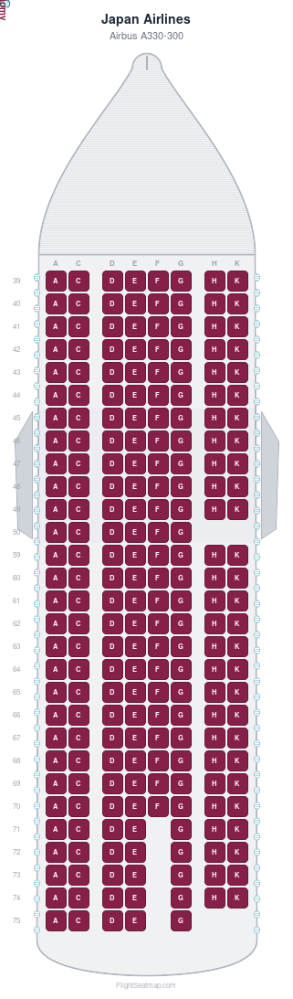 Japan Airlines Airbus A330-300 seat map layout showing 1-class configuration with 223 seats