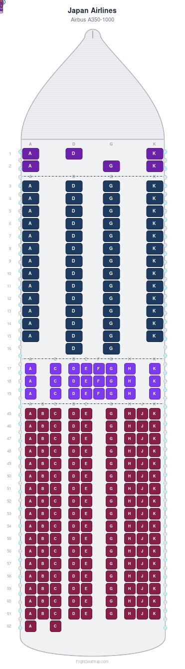 Japan Airlines Airbus A350-1000 seat map layout for flight JL12 from HND to DFW