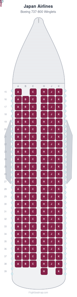 Japan Airlines Boeing 737-800 Winglets seat map layout showing 1-class configuration with 145 seats