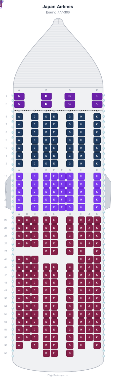 Japan Airlines Boeing 777-300 seat map layout for flight JL52 from SYD to HND