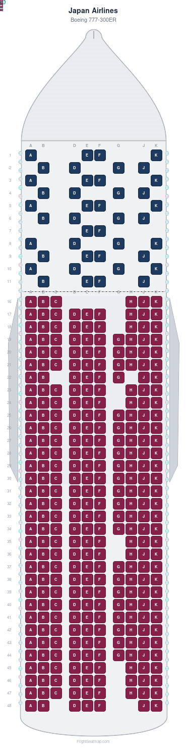 Japan Airlines Boeing 777-300ER seat map layout showing 2-class configuration with 354 seats