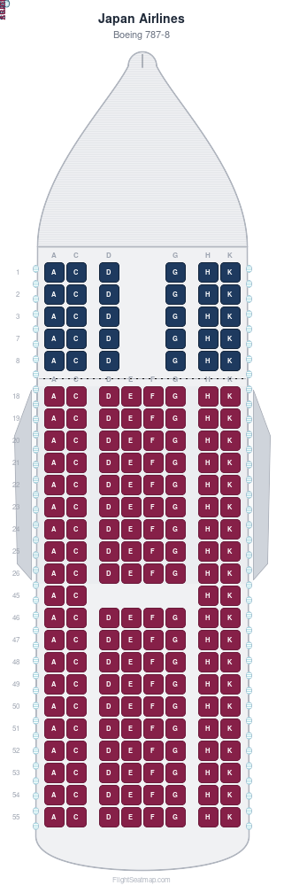 Japan Airlines Boeing 787-8 seat map layout for flight JL47 from HND to HEL