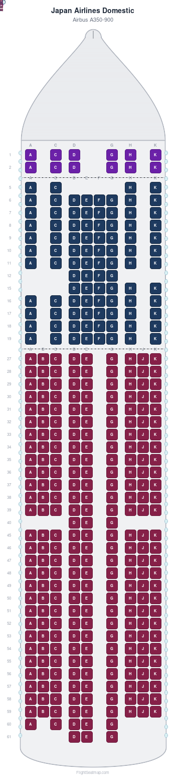 Japan Airlines Domestic Airbus A350-900 seat map layout showing 3-class configuration with 369 seats