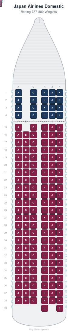 Japan Airlines Domestic Boeing 737-800 Winglets seat map layout showing 2-class configuration with 165 seats