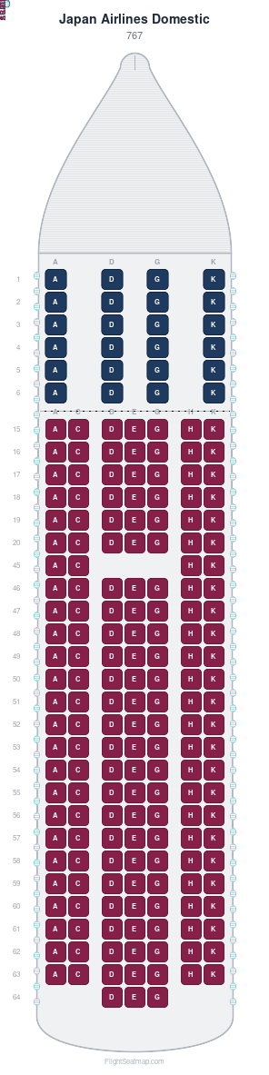 Japan Airlines Domestic 767 seat map layout showing 2-class configuration with 199 seats