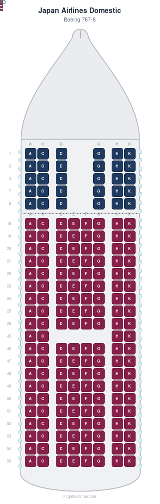 Japan Airlines Domestic Boeing 787-8 seat map layout for flight JL729 from NRT to CGK