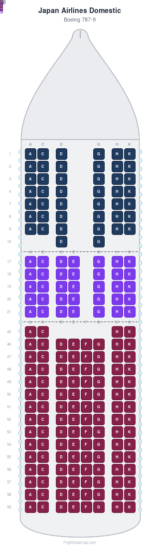 Japan Airlines Domestic Boeing 787-9 seat map layout showing 3-class configuration with 195 seats