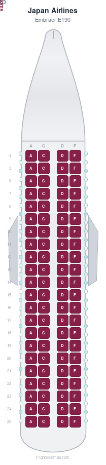 Japan Airlines Embraer E190 seat map layout showing 1-class configuration with 88 seats