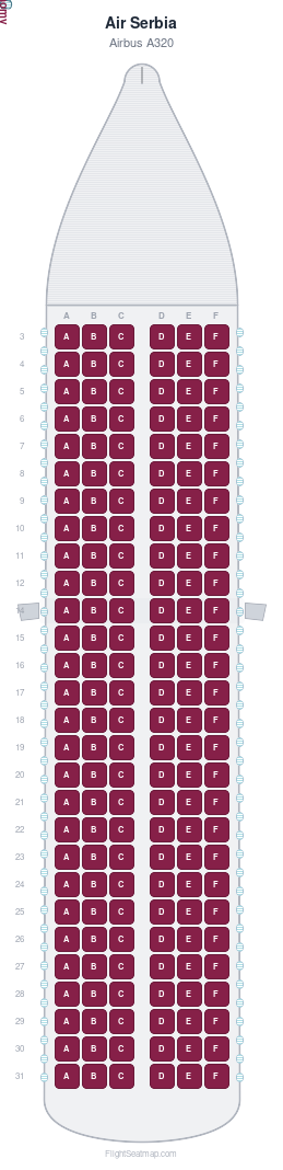 Air Serbia Airbus A320 seat map layout showing 1-class configuration with 168 seats