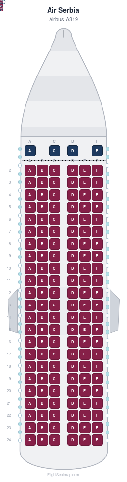 Air Serbia Airbus A319 seat map layout showing 2-class configuration with 142 seats