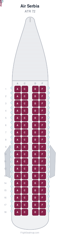 Air Serbia ATR 72 seat map layout showing 1-class configuration with 72 seats