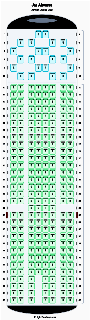 Jat Airways Airbus A330-200 seat map layout for flight JU506 from BEG to ORD