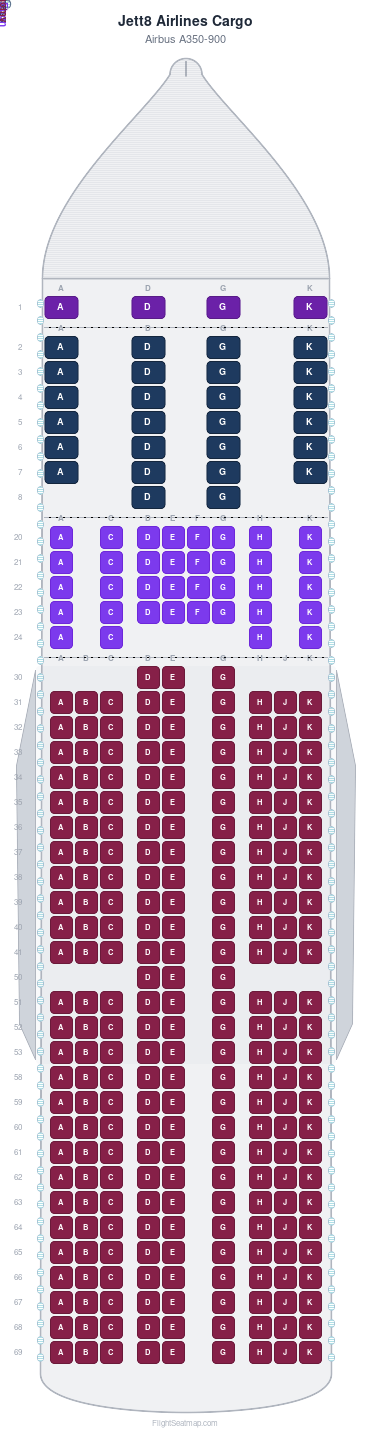 Jett8 Airlines Cargo Airbus A350-900 seat map layout for flight JX712 from SGN to TPE