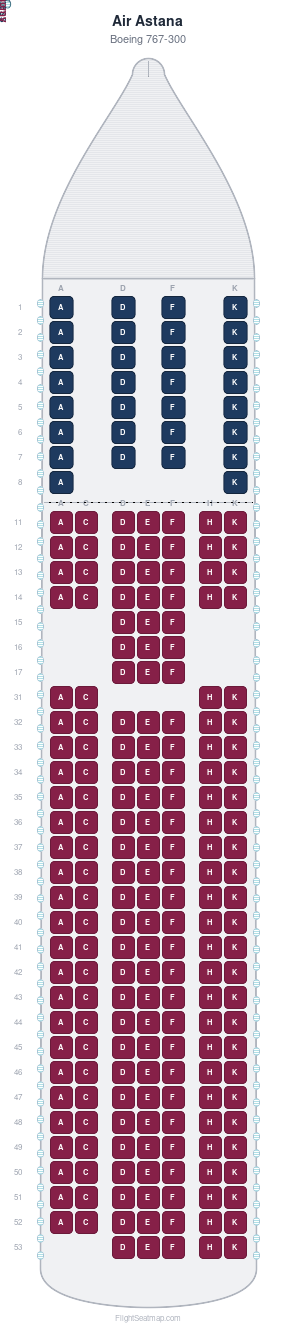Air Astana Boeing 767-300 seat map layout showing 2-class configuration with 223 seats