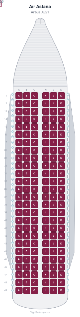 Air Astana Airbus A321 seat map layout showing 1-class configuration with 156 seats