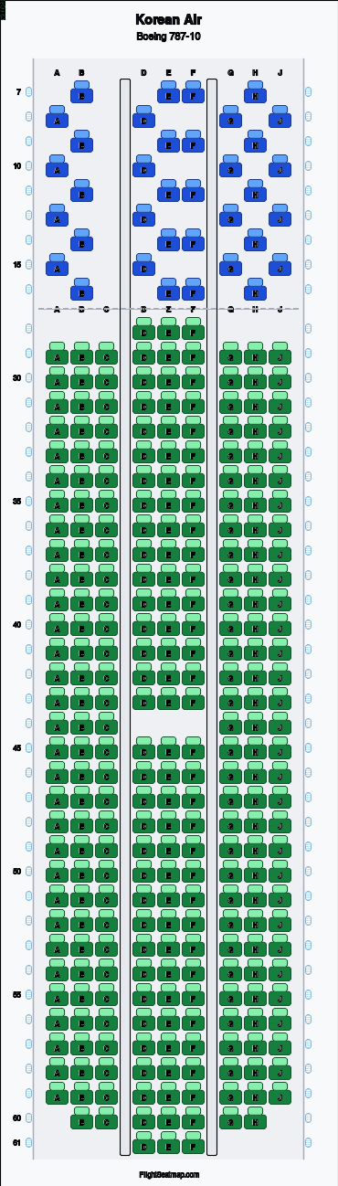 Korean Air Boeing 787-10 seat map layout for flight KE969 from ICN to PRG