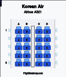 Korean Air Airbus A321 seat map layout showing 1-class configuration with 20 seats
