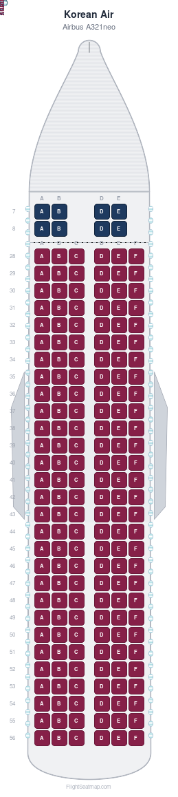 Korean Air Airbus A321neo seat map layout showing 2-class configuration with 182 seats